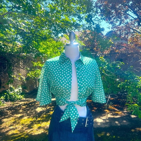 Polka Dot Tie-Front Blouse - Green - Picture 5 of 8
